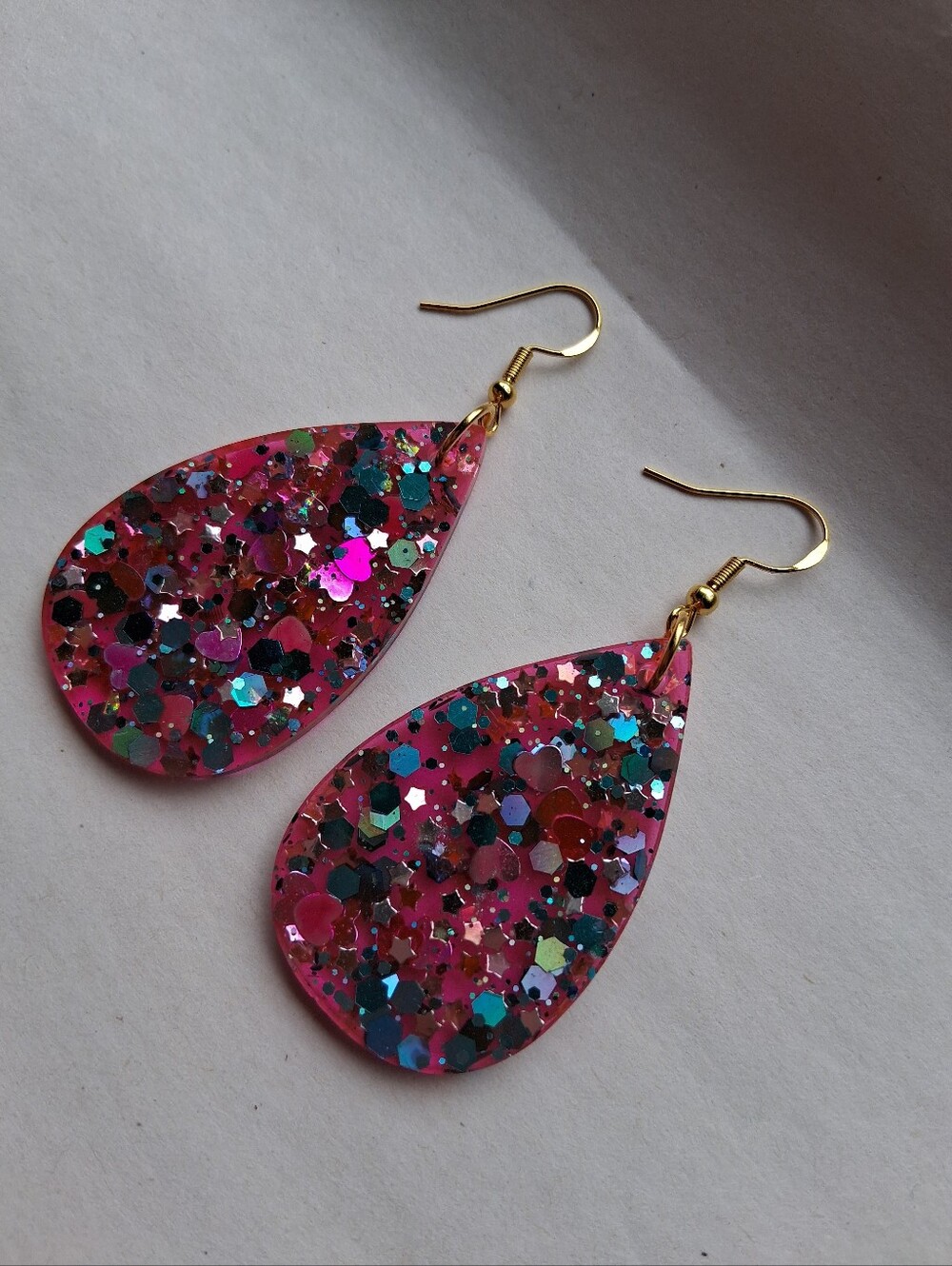 Hand Crafted Pink Teardrop Glitter Earrings with Multicolor Sparkle - Picture 4 of 4